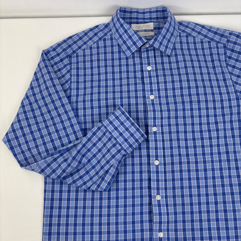 Roundtree & Yorke Gold Label Slim Fit Non-Iron Stretch Blue Check‎ Shirt 16.5 33